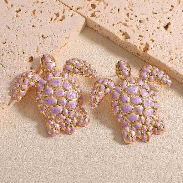 Women's Iron Turtle Earrings With Dripping Glaze Animal Design And Stainless Steel Ear Posts Fashion Jewelry