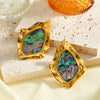 Women's Irregular Diamond Pattern Shell Inlaid Stainless Steel Earrings With 18K Vacuum Plated Geometric Design