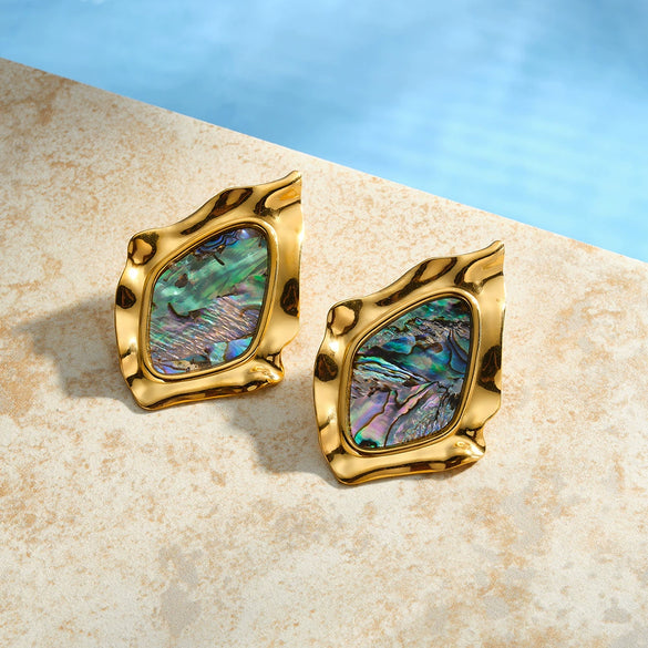 Women's Irregular Diamond Pattern Shell Inlaid Stainless Steel Earrings With 18K Vacuum Plated Geometric Design