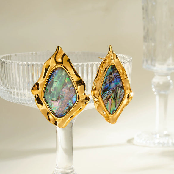 Women's Irregular Diamond Pattern Shell Inlaid Stainless Steel Earrings With 18K Vacuum Plated Geometric Design