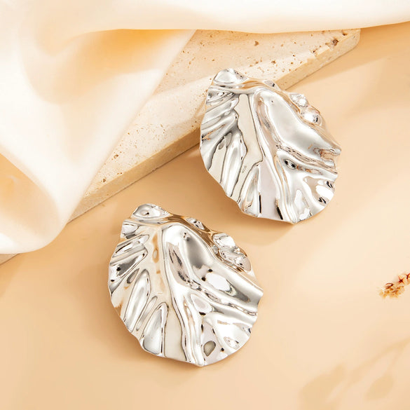 Women's Irregular Geometric Pleated Stud Earrings In Electroplated Iron With Glossy Finish And Steel Posts