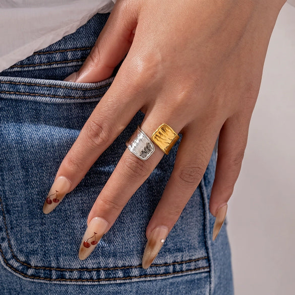 Women's Irregular Geometric Stainless Steel Open Ring With 18K Vacuum Plating Minimalist Adjustable Fashion Jewelry