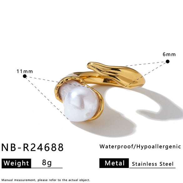 Women's Irregular Geometric Stainless Steel Open Ring With Pleated Design And 18K Vacuum Plated Light Luxury Finish