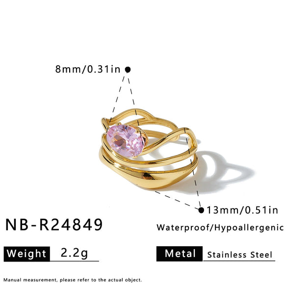 Women's Irregular Geometric Stainless Steel Ring With Hollow Design Zircon Inlay And 18K Vacuum Gold Plating