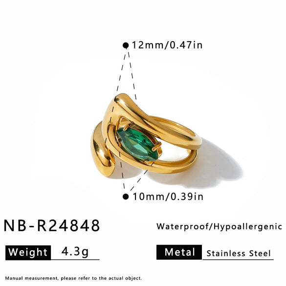 Women's Irregular Geometric Zircon Inlaid Stainless Steel Open Ring With 18K Vacuum Plated Finish
