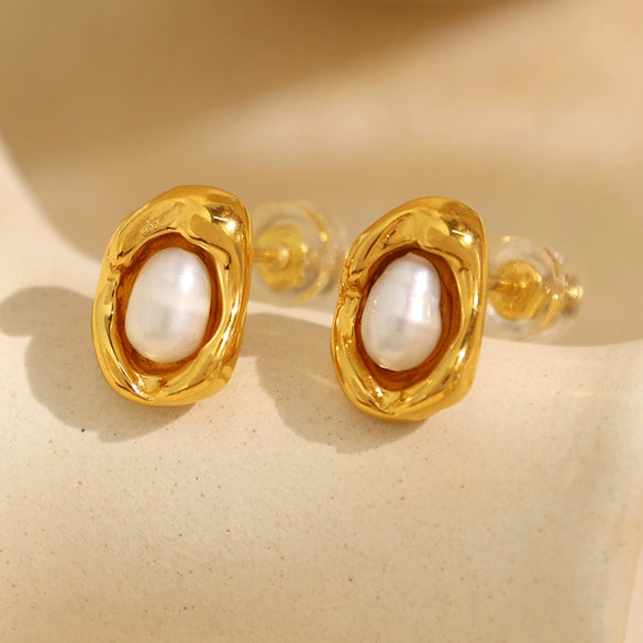 Women's Irregular Metal Pearl 316L Stainless Steel Electroplated Earrings Simple Elegant Highend Niche Unique Design