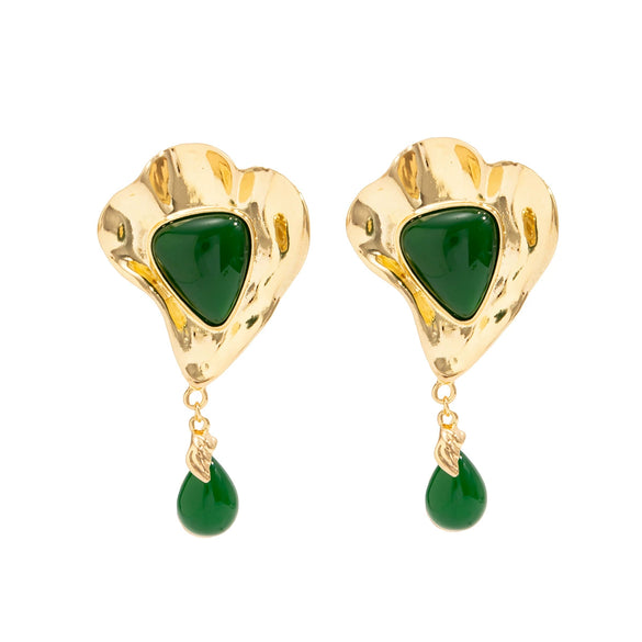 Women's Irregular Pleated Alloy Stud Earrings With Geometric Triangle Shapes Vintage Teardrop Resin Gemstones And Electroplated Finish