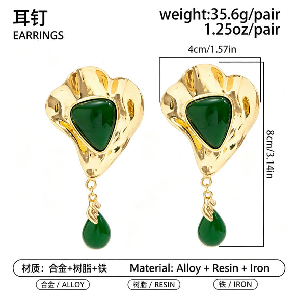 Women's Irregular Pleated Alloy Stud Earrings With Geometric Triangle Shapes Vintage Teardrop Resin Gemstones And Electroplated Finish