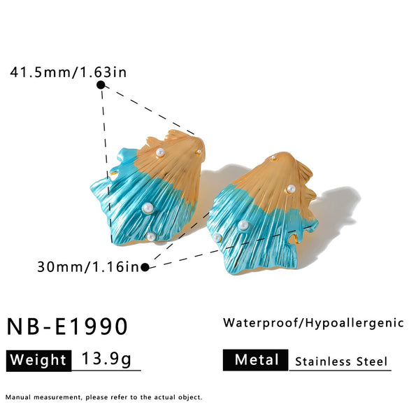 Women's Irregular Shell Pattern Stainless Steel Earrings With Oil Drip Finish Pearl Accents And Geometric Vacuum Plated Design
