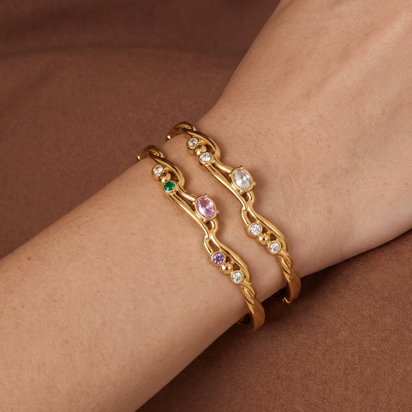 Women's Irregular Stainless Steel Bangle With Zircon Inlay Elegant Fashion Jewelry With Vacuum Plated Finish