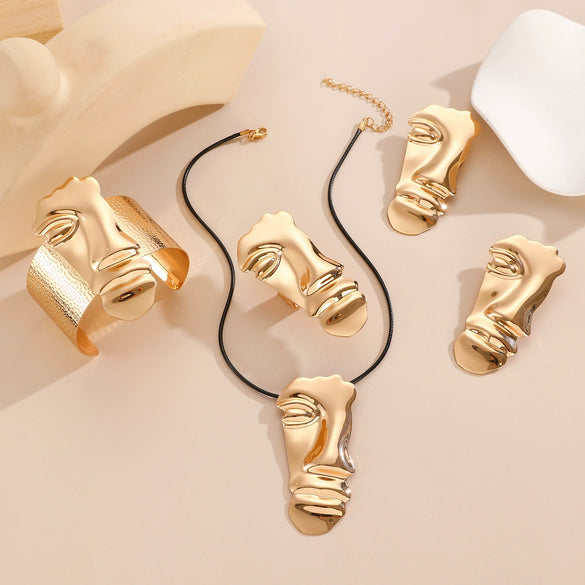 Women's Jewelry Alloy Half Face Exaggerated Style Electroplating Earrings Necklaces And Hand Accessories Set