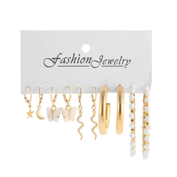 Women's Jewelry Crystal Alloy Flower Pattern Oil Butterfly Snake Pearl Earrings 5Piece Set With Electroplating