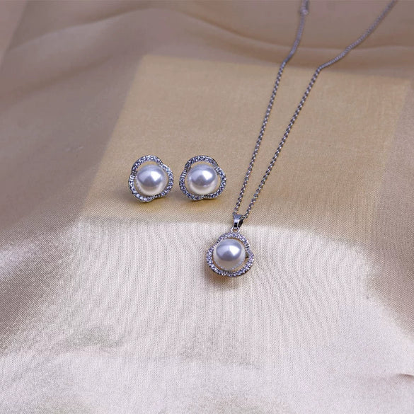 Women's Jewelry Pearl Gemstone Diamond Pendant Necklace Earring Set Titanium Steel Flower Pattern Simple Highend Electroplated