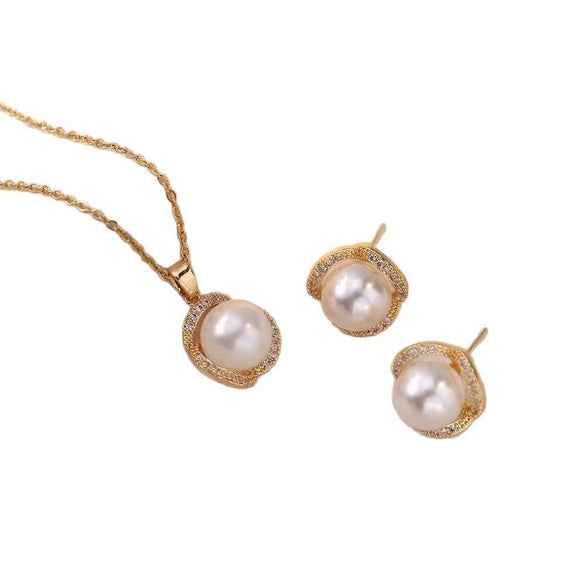 Women's Jewelry Pearl Gemstone Diamond Pendant Necklace Earring Set Titanium Steel Flower Pattern Simple Highend Electroplated