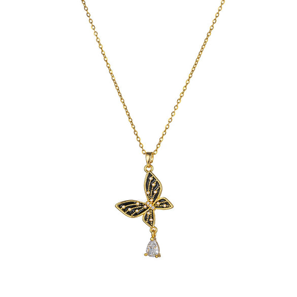 Women's Jewelry Pearl Oil Drop Butterfly Pendant Necklace Titanium Steel Copper Ochain With Diamond Animals Zodiac Design