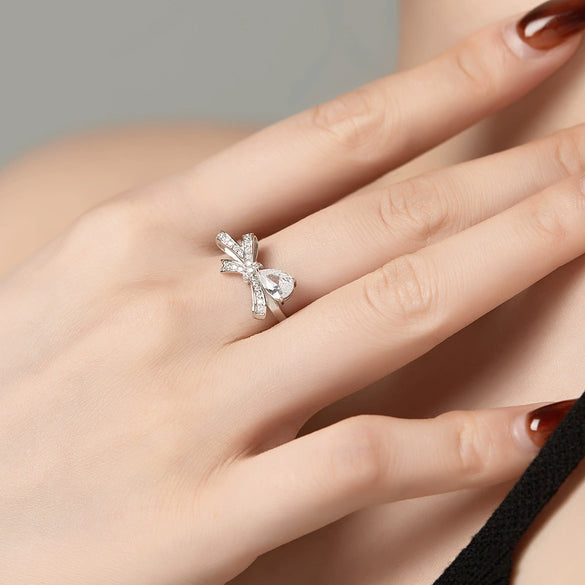 Women's Jewelry S925 Sterling Silver Closed Ring With Water Drop Zircon Inlaid Bow Shape Design Electroplated