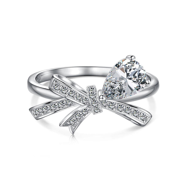 Women's Jewelry S925 Sterling Silver Closed Ring With Water Drop Zircon Inlaid Bow Shape Design Electroplated