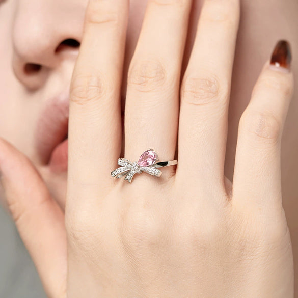 Women's Jewelry S925 Sterling Silver Closed Ring With Water Drop Zircon Inlaid Bow Shape Design Electroplated