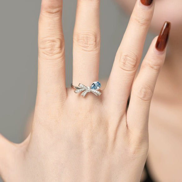 Women's Jewelry S925 Sterling Silver Closed Ring With Water Drop Zircon Inlaid Bow Shape Design Electroplated