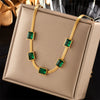 Women's Jewelry Set Emerald Square Sugar Titanium Steel Necklace And Bracelet With Mixed Gem Inlay And Electroplating