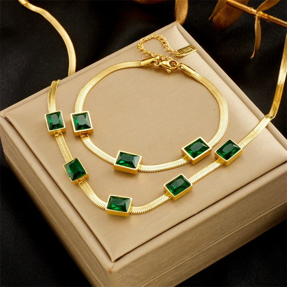 Women's Jewelry Set Emerald Square Sugar Titanium Steel Necklace And Bracelet With Mixed Gem Inlay And Electroplating