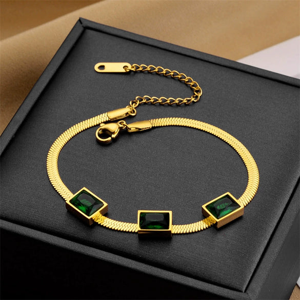 Women's Jewelry Set Emerald Square Sugar Titanium Steel Necklace And Bracelet With Mixed Gem Inlay And Electroplating
