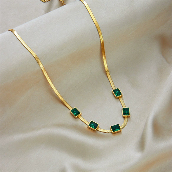 Women's Jewelry Set Emerald Square Sugar Titanium Steel Necklace And Bracelet With Mixed Gem Inlay And Electroplating
