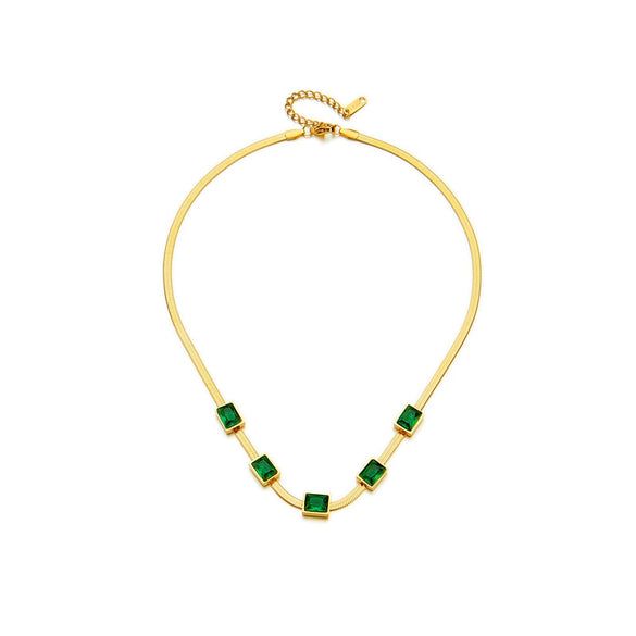 Women's Jewelry Set Emerald Square Sugar Titanium Steel Necklace And Bracelet With Mixed Gem Inlay And Electroplating