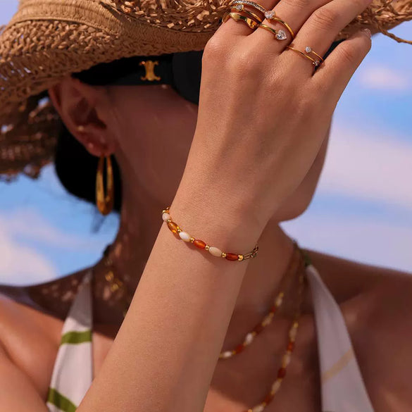 Women's Jewelry Set Ferris Wheel Retro Spliced Agate Shell Beads Titanium Steel Plated Stainless Steel Necklace Bracelet Earrings