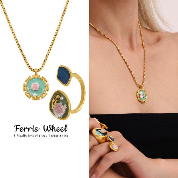 Women's Jewelry Set Ferris Wheel Rose Enamel Color Titanium Steel Electroplated Necklace And Ring