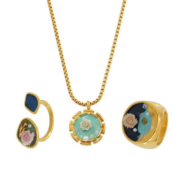 Women's Jewelry Set Ferris Wheel Rose Enamel Color Titanium Steel Electroplated Necklace And Ring