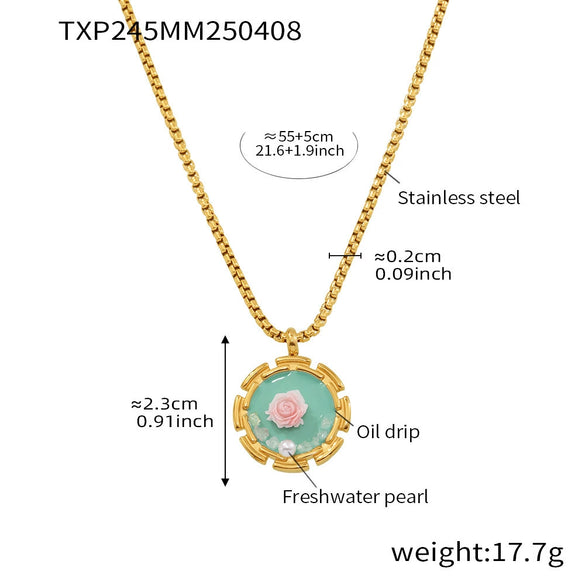 Women's Jewelry Set Ferris Wheel Rose Enamel Color Titanium Steel Electroplated Necklace And Ring