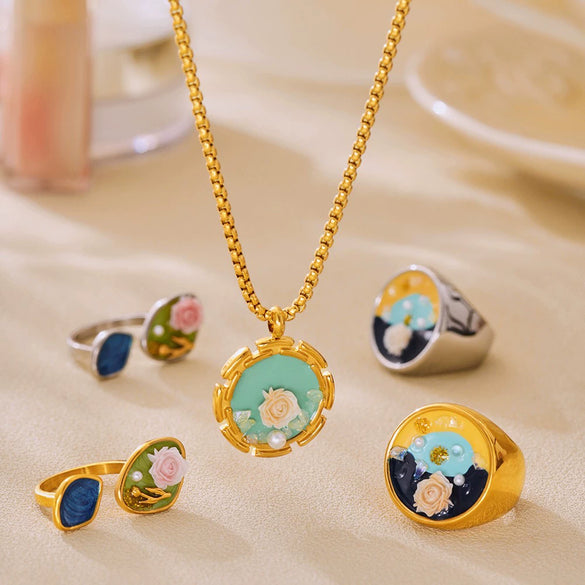 Women's Jewelry Set Ferris Wheel Rose Enamel Color Titanium Steel Electroplated Necklace And Ring