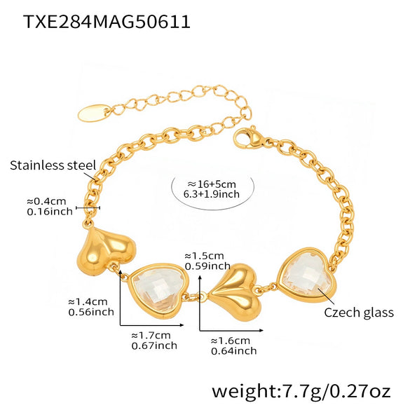Women's Jewelry Set 316L Stainless Steel Plated 18K Real Gold Heartshaped Czech Glass Necklace Bracelet Earrings Electroplated