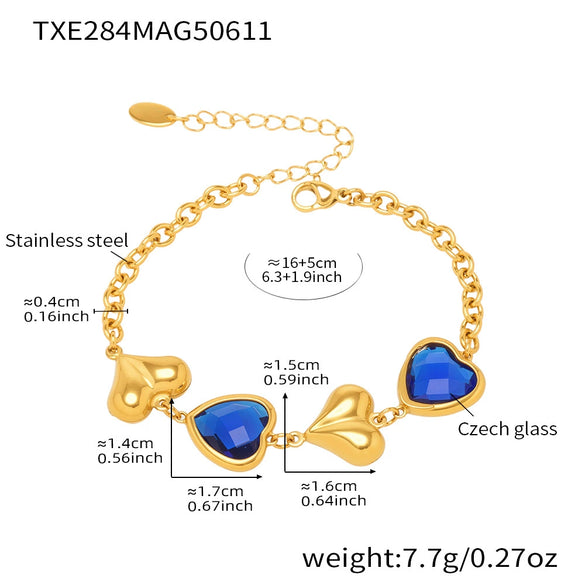 Women's Jewelry Set 316L Stainless Steel Plated 18K Real Gold Heartshaped Czech Glass Necklace Bracelet Earrings Electroplated