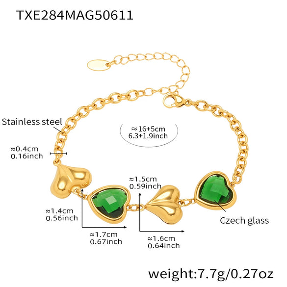 Women's Jewelry Set 316L Stainless Steel Plated 18K Real Gold Heartshaped Czech Glass Necklace Bracelet Earrings Electroplated