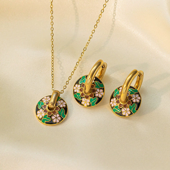 Women's Jewelry Set Titanium Steel Plants And Flowers Pattern Electroplating Earrings And Necklaces