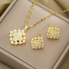 Women's Jewelry Set With Titanium Steel Fourleaf Clover Pendant Electroplated In Vacuum Furnace Geometric Style With Pearl And Diamond