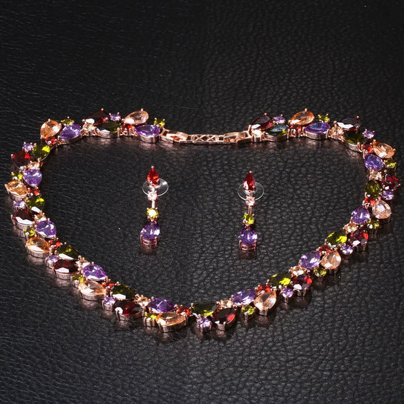Women's Jewelry Set Zircon Plant Flowers Glass Design Necklace Earrings