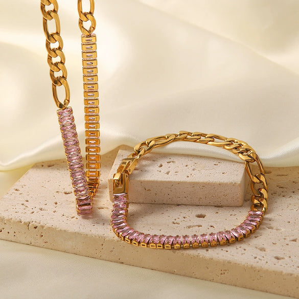 Women's Jewelry Stainless Steel And Titanium Steel With Colorful Zircon Inlaid Geometric Pattern Necklace Bracelet