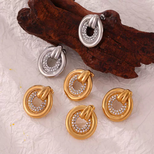 Women's Jewelry 316L Stainless Steel Geometric Gold Plated Earrings And Hollow Diamond Ring