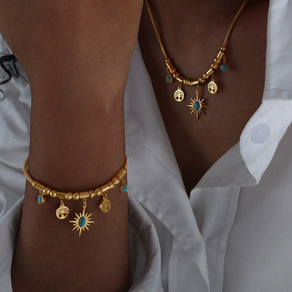 Women's Jewelry Titanium Steel Turquoise Pendant Necklace Bracelet With Irregular Sun Shape And Flower Pattern Electroplated