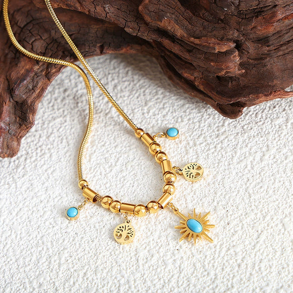 Women's Jewelry Titanium Steel Turquoise Pendant Necklace Bracelet With Irregular Sun Shape And Flower Pattern Electroplated