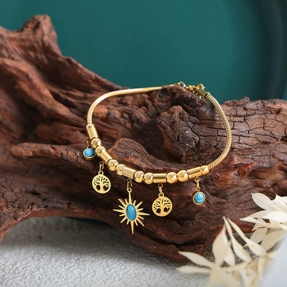 Women's Jewelry Titanium Steel Turquoise Pendant Necklace Bracelet With Irregular Sun Shape And Flower Pattern Electroplated