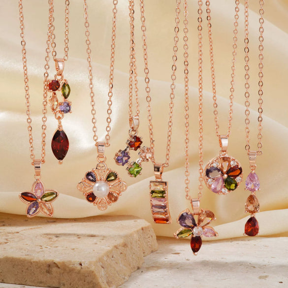 Women's Jewelry Twopiece Set With O Chain Stainless Steel Copper Zircon Glass Plants And Flowers Electroplated
