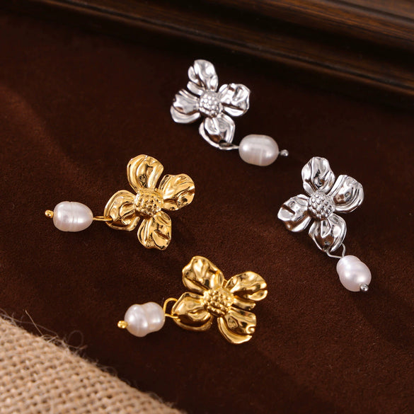 Women's 18K Gold And 925 Silver Freshwater Pearl Pendant Earrings With Geometric And Flower Design And Electroplating Treatment