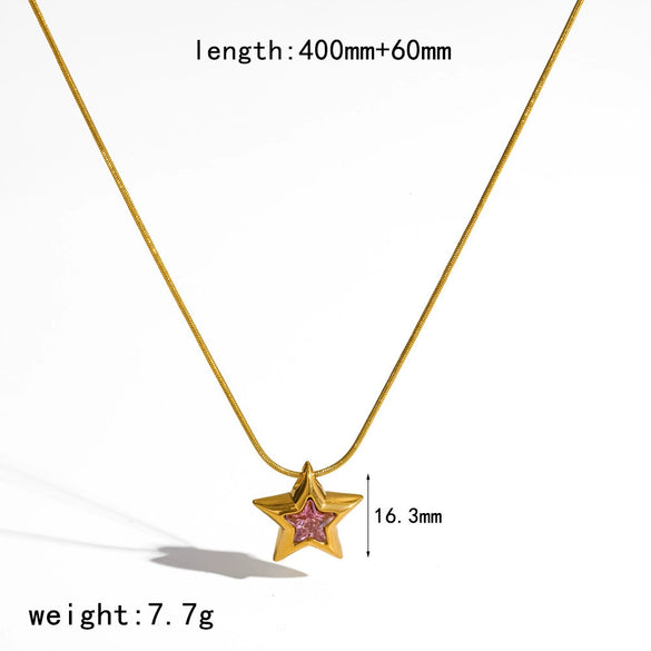 Women's 18K Gold Colored Diamond Encrusted Stainless Steel Titanium Steel Star Necklace With Pvd Furnace Vacuum Real Gold Plating And Round Snake Chain