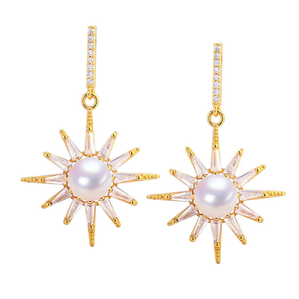 Women's K Gold Craftsmanship Natural Freshwater Pearl Oblate Stud Earrings With Alloy Inlaid Gemstones And Sixpointed Star Design
