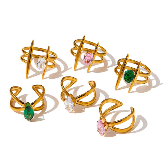 Women's 18K Gold Plated Stainless Steel Adjustable Ring With Zircon Inlay And Geometric Cross Design