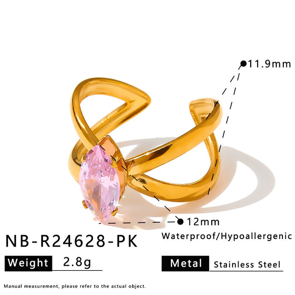 Women's 18K Gold Plated Stainless Steel Adjustable Ring With Zircon Inlay And Geometric Cross Design
